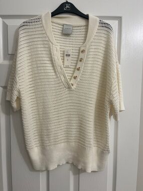 NWT Varley Callie Open-Knit Short Sleeve V-Neck Top with Button Placket